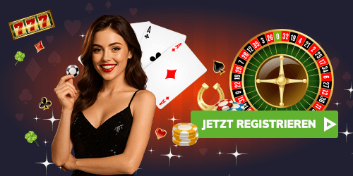 Frau mit Roulette Rad Spielkarten und Jetons